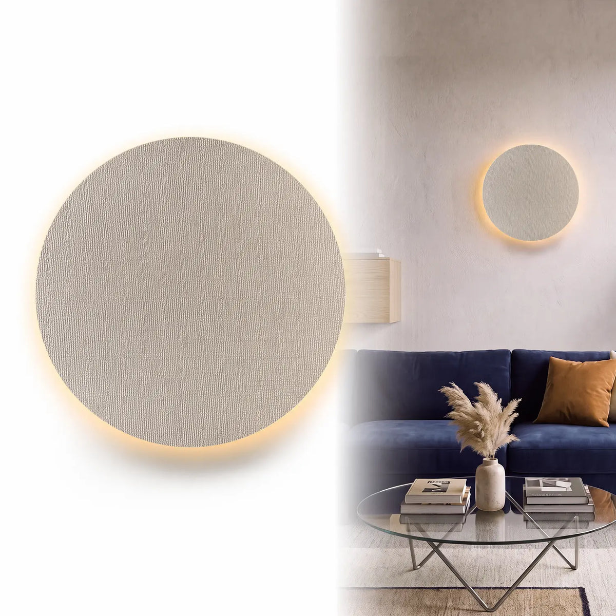 Hoodink Contemporary round Indoor LED Wall Lamp - Black Wood Grain, Brushed Gold & Linen Texture Finishes, 3-Level Dimmable Adjustable Ambient, USB Rechargeable Night, Indoor Lighting for Bedroom, Decorative Dimming, Room Decor, Led Lights