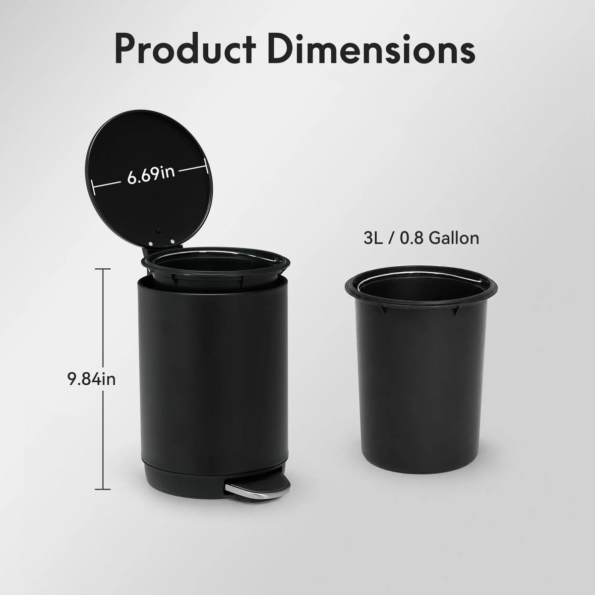 Modern Black Stainless Steel Indoor Bathroom Trash Can - 3L/0.8Gal round Step Bin with Foot Pedal, Removable Inner Bucket for Bedroom