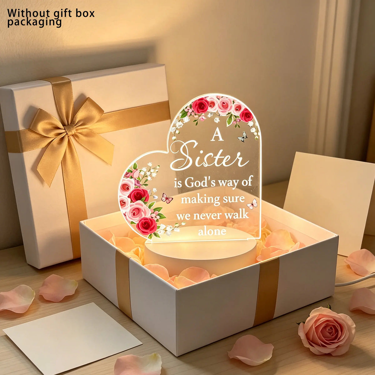 12Cm Heart-Shaped Acrylic LED Nightlight with Floral Rose Butterfly Design, Sister Bond Inspirational Quote Desk Lamp, Decorative Atmosphere Lighting for Warm Bedroom, Valentine'S Day Thoughtful Gift to Light up Your Space