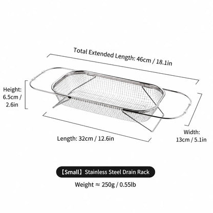 Stainless Steel Expandable Over-the-Sink Colander Strainer Basket with Handles, Rectangular Fine Mesh Kitchen Utensil, Essential Kitchen Supply in Silver