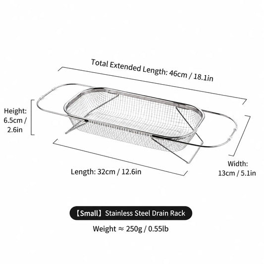 Stainless Steel Expandable Over-the-Sink Colander Strainer Basket with Handles, Rectangular Fine Mesh Kitchen Utensil, Essential Kitchen Supply in Silver