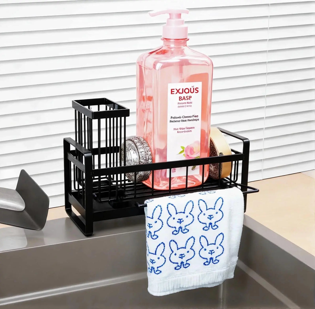 RETON Stainless Steel Kitchen Sink Sponge Holder with Compartment, Self-Drain Storage Organizer, Removable Dishcloth Rack, Soap Dispenser & Brush Holder, Waterproof Home Organizer (Black), Water Proof