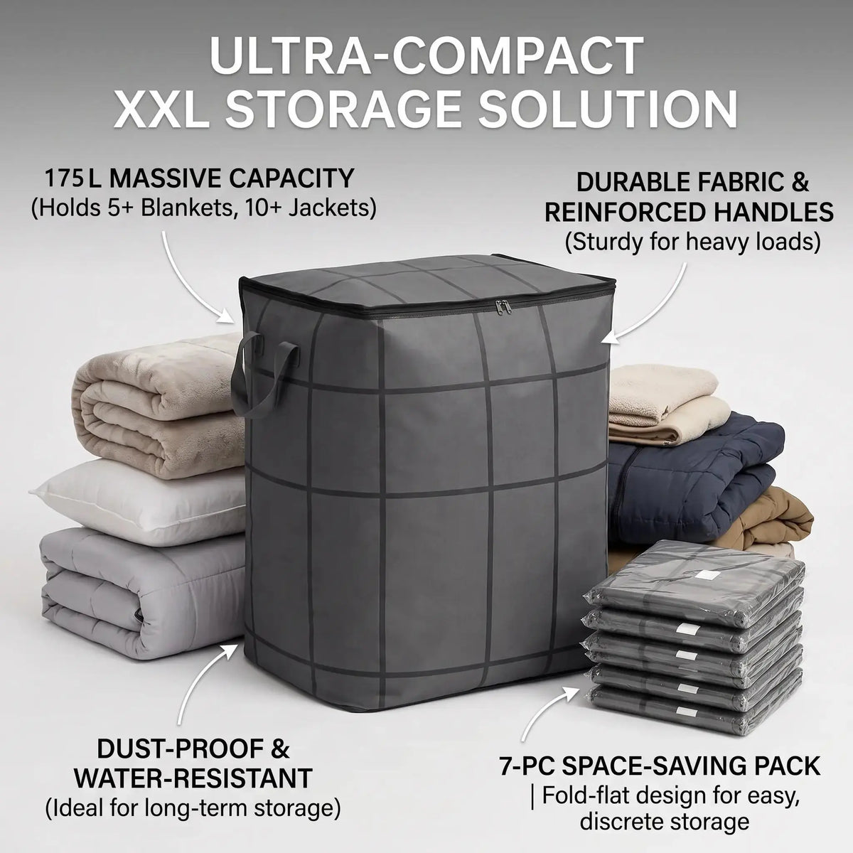 Large XXL Storage Bins, Zippered Non-Woven Fabric Organizer for Bedroom Closet Storage, Clothes & Bedding, Alternative to Moving Boxes, Extra Large, Closet Storage Bins, Fabric Storage Units