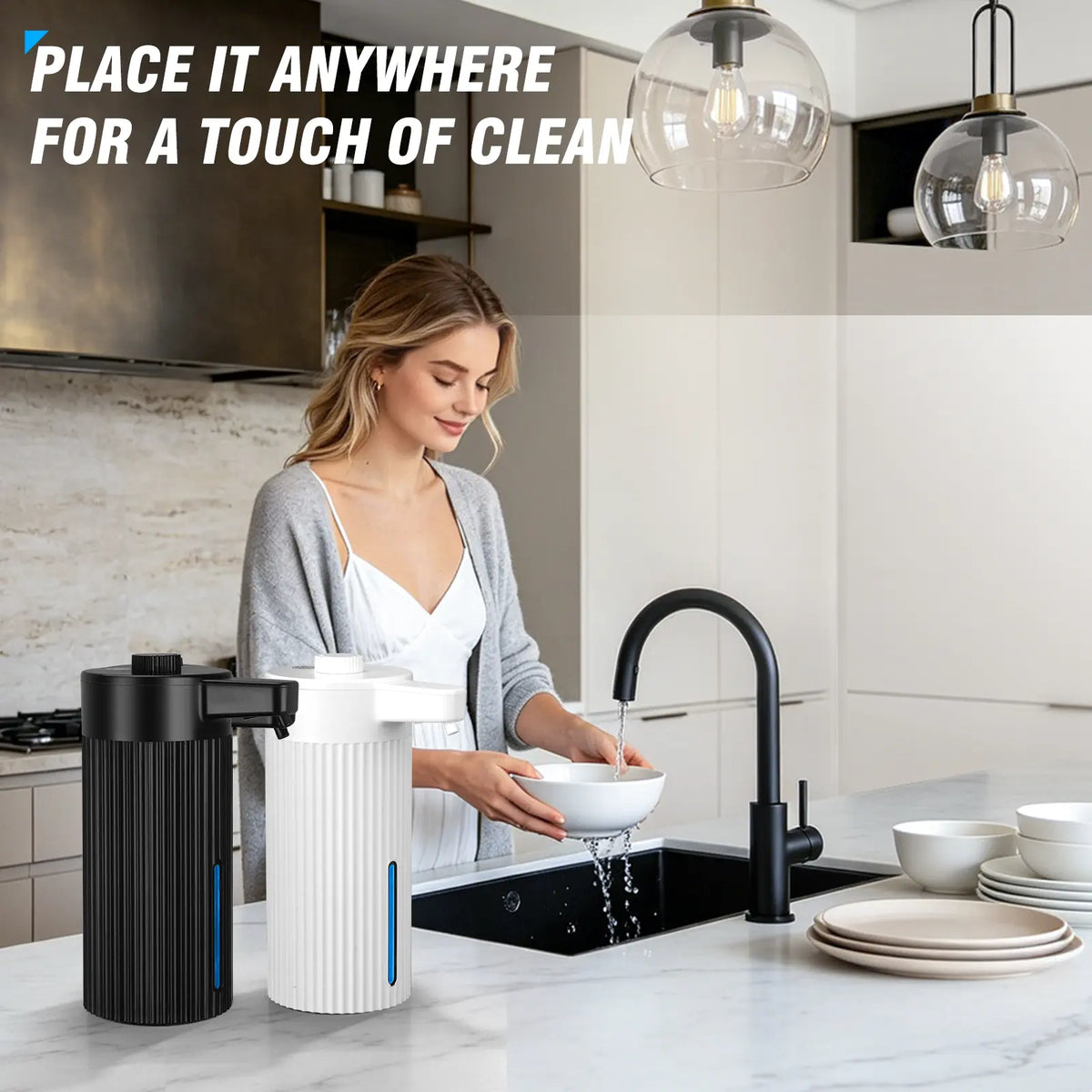 Touchless Automatic Soap Dispenser, Rechargeable 13.5 Oz Liquid Soap Holder with Adjustable Rotary Dosing Control, Water-Resistant for Kitchen Sink & Bathroom Countertop (Black/White), No