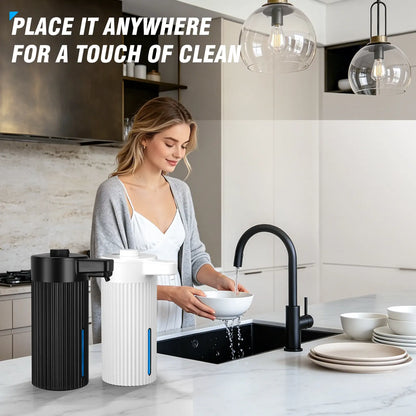 Touchless Automatic Soap Dispenser, Rechargeable 13.5 Oz Liquid Soap Holder with Adjustable Rotary Dosing Control, Water-Resistant for Kitchen Sink & Bathroom Countertop (Black/White), No