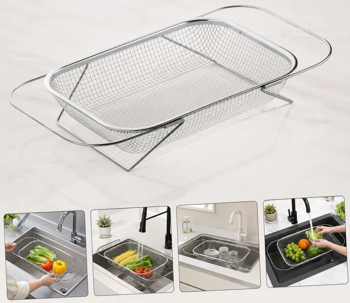 Stainless Steel Expandable Over-the-Sink Colander Strainer Basket with Handles, Rectangular Fine Mesh Kitchen Utensil, Essential Kitchen Supply in Silver