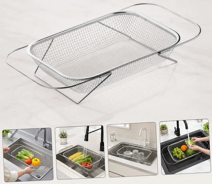 Stainless Steel Expandable Over-the-Sink Colander Strainer Basket with Handles, Rectangular Fine Mesh Kitchen Utensil, Essential Kitchen Supply in Silver