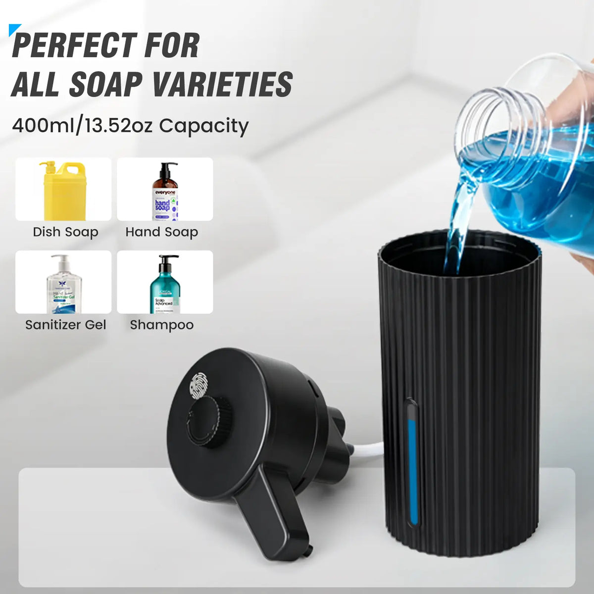 Touchless Automatic Soap Dispenser, Rechargeable 13.5 Oz Liquid Soap Holder with Adjustable Rotary Dosing Control, Water-Resistant for Kitchen Sink & Bathroom Countertop (Black/White), No