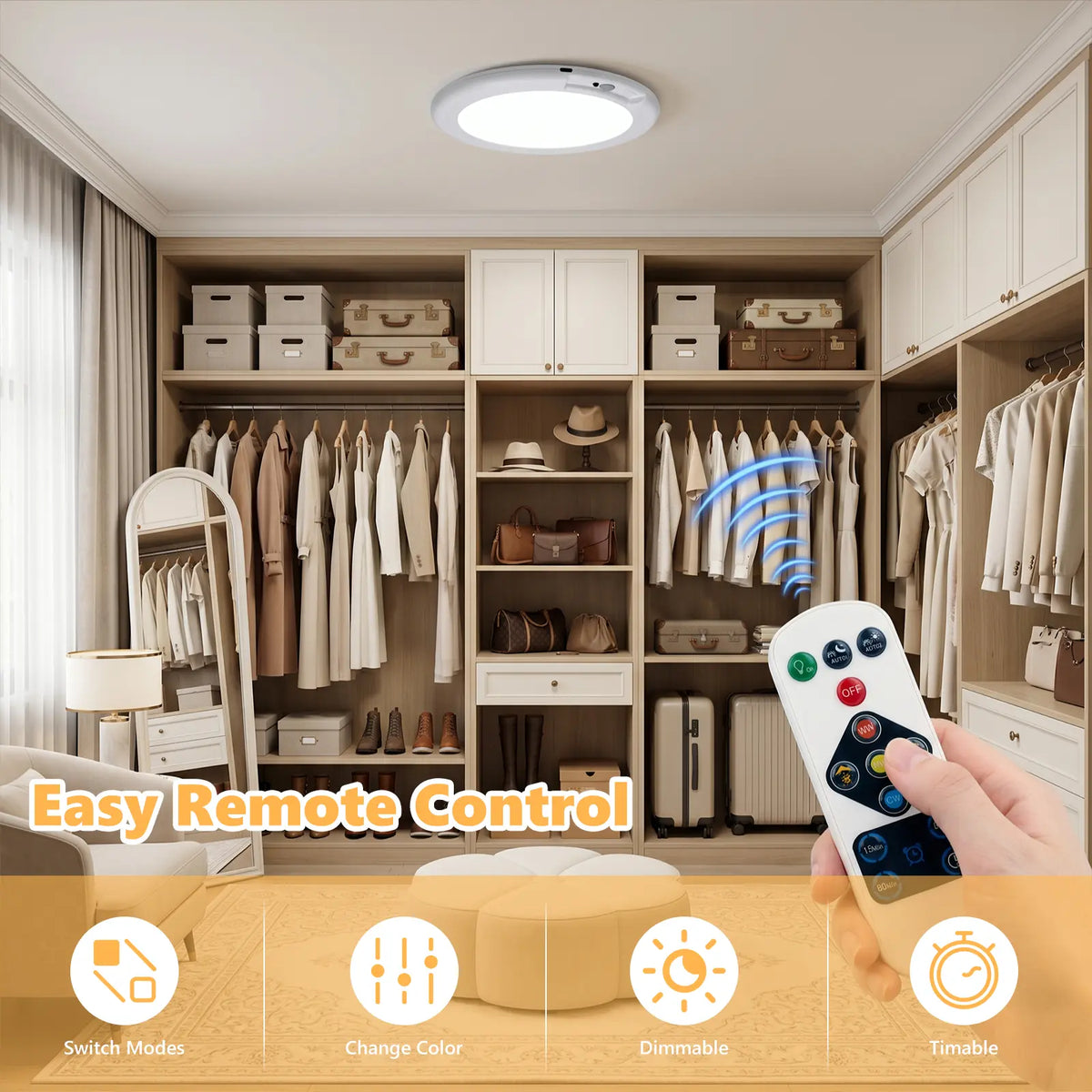 Rechargeable Motion Sensor Ceiling Light with Remote - Magnetic Wireless Ceiling Light Battery Powered for Closet Shower Stairs Shed Hallway Porch Patio Ect,Suitable for Various Scenarios, Easy to Install. Designer Lamp