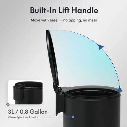 Modern Black Stainless Steel Indoor Bathroom Trash Can - 3L/0.8Gal round Step Bin with Foot Pedal, Removable Inner Bucket for Bedroom