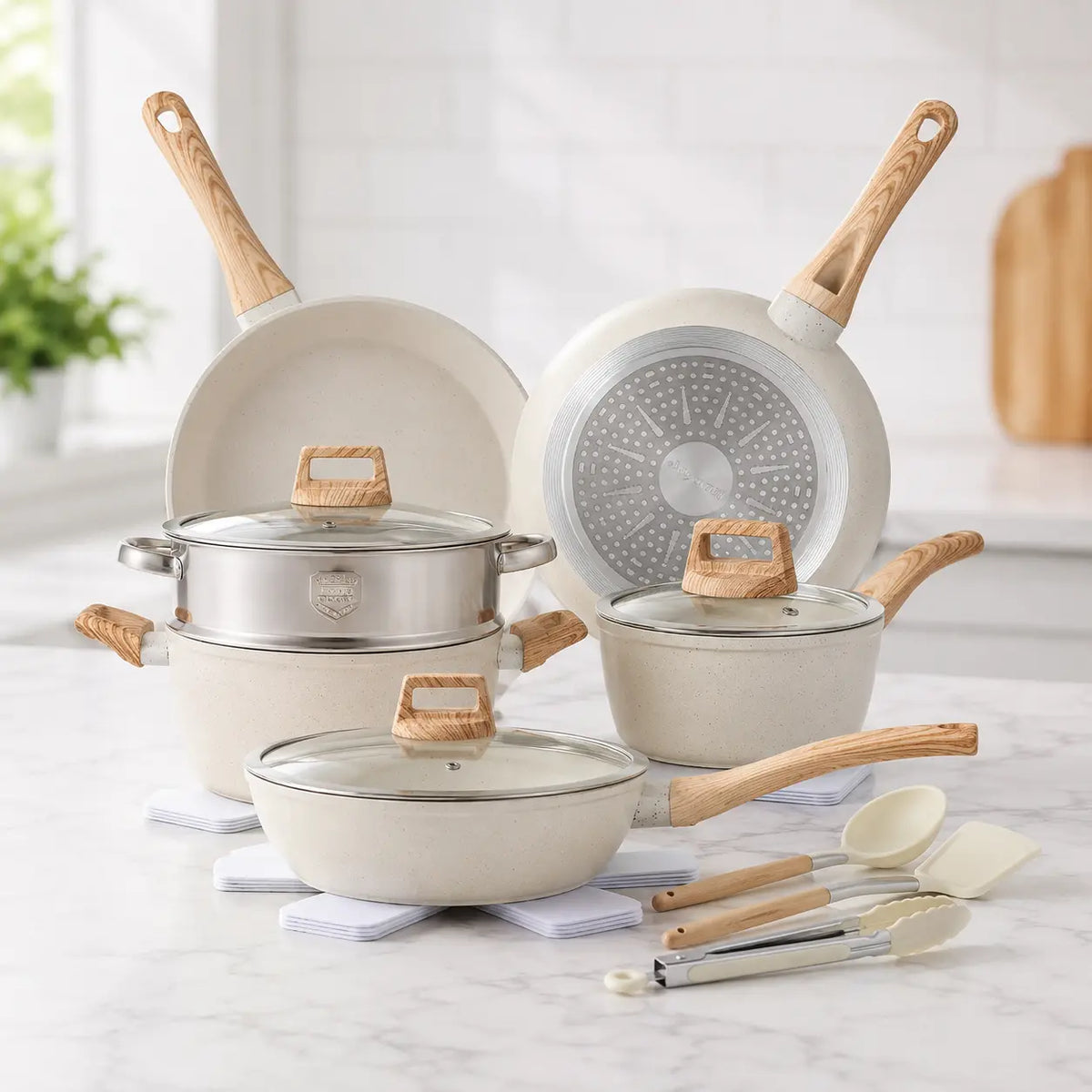 16PCS Nonstick Pots and Pans Set - Kitchen Cookware Set with Frying, Sauce, Saute, Egg Vessels, Wood Handles, Silicone Utensils, Pan Protectors, Oil-Efficient Design