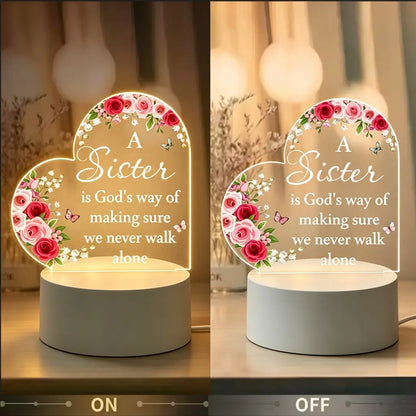 12Cm Heart-Shaped Acrylic LED Nightlight with Floral Rose Butterfly Design, Sister Bond Inspirational Quote Desk Lamp, Decorative Atmosphere Lighting for Warm Bedroom, Valentine'S Day Thoughtful Gift to Light up Your Space