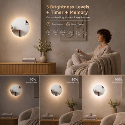 Hoodink Contemporary round Indoor LED Wall Lamp - Black Wood Grain, Brushed Gold & Linen Texture Finishes, 3-Level Dimmable Adjustable Ambient, USB Rechargeable Night, Indoor Lighting for Bedroom, Decorative Dimming, Room Decor, Led Lights