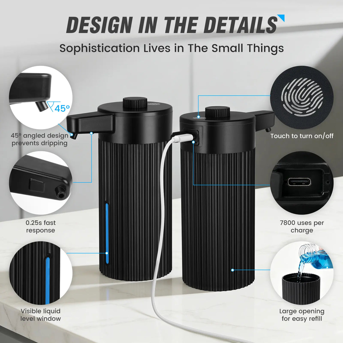 Touchless Automatic Soap Dispenser, Rechargeable 13.5 Oz Liquid Soap Holder with Adjustable Rotary Dosing Control, Water-Resistant for Kitchen Sink & Bathroom Countertop (Black/White), No