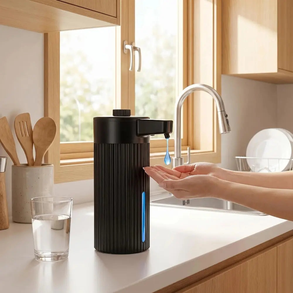 Touchless Automatic Soap Dispenser, Rechargeable 13.5 Oz Liquid Soap Holder with Adjustable Rotary Dosing Control, Water-Resistant for Kitchen Sink & Bathroom Countertop (Black/White), No