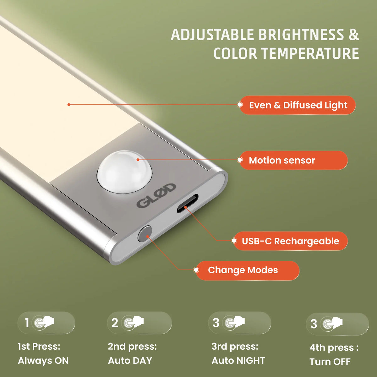 GLØD Uma Light | under Cabinet Motion Sensor Light | Massive 3200Mah Battery | Dimmable | Warm & Cool Tones - Perfect for Kitchen, Closet, Bedroom, Stairs & Bathroom