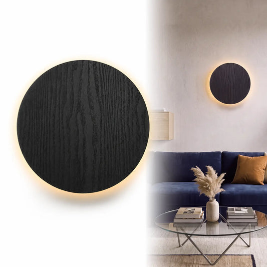 Hoodink Contemporary round Indoor LED Wall Lamp - Black Wood Grain, Brushed Gold & Linen Texture Finishes, 3-Level Dimmable Adjustable Ambient, USB Rechargeable Night, Indoor Lighting for Bedroom, Decorative Dimming, Room Decor, Led Lights