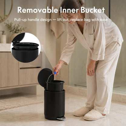 Modern Black Stainless Steel Indoor Bathroom Trash Can - 3L/0.8Gal round Step Bin with Foot Pedal, Removable Inner Bucket for Bedroom