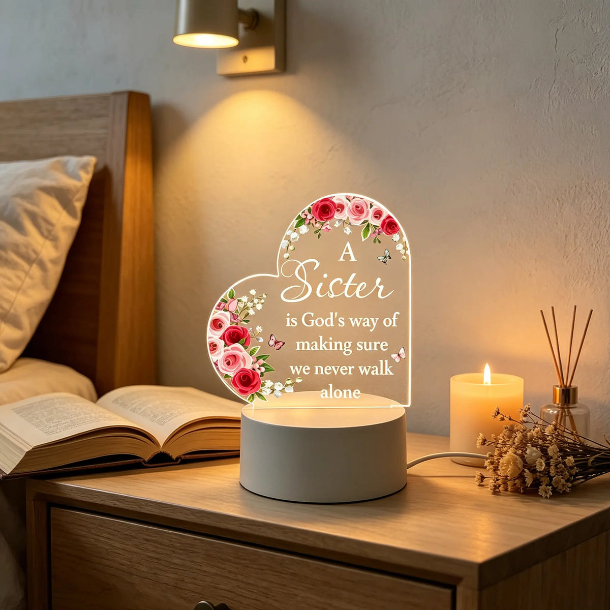 12Cm Heart-Shaped Acrylic LED Nightlight with Floral Rose Butterfly Design, Sister Bond Inspirational Quote Desk Lamp, Decorative Atmosphere Lighting for Warm Bedroom, Valentine'S Day Thoughtful Gift to Light up Your Space