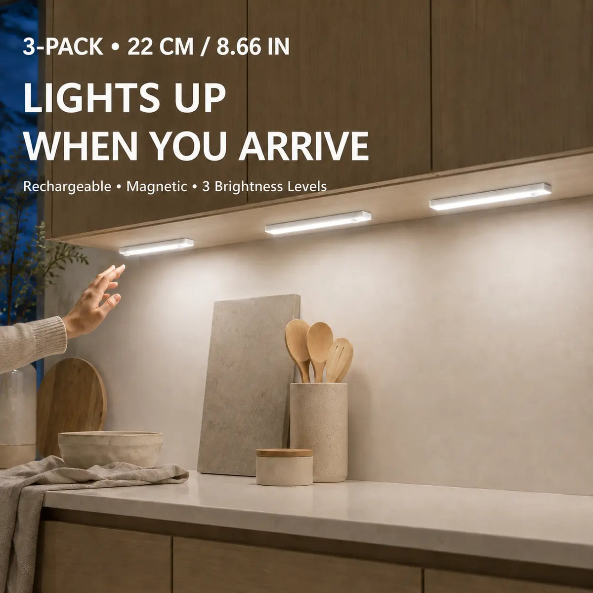 3-Pack Magnetic Under-Cabinet Lights Set, 8.66-In Rechargeable LED Closet Lights with 3 Brightness Levels, Magnetic Mounting, Instant on for Kitchen, Stairs, Set Pack