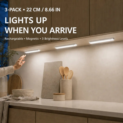 3-Pack Magnetic Under-Cabinet Lights Set, 8.66-In Rechargeable LED Closet Lights with 3 Brightness Levels, Magnetic Mounting, Instant on for Kitchen, Stairs, Set Pack