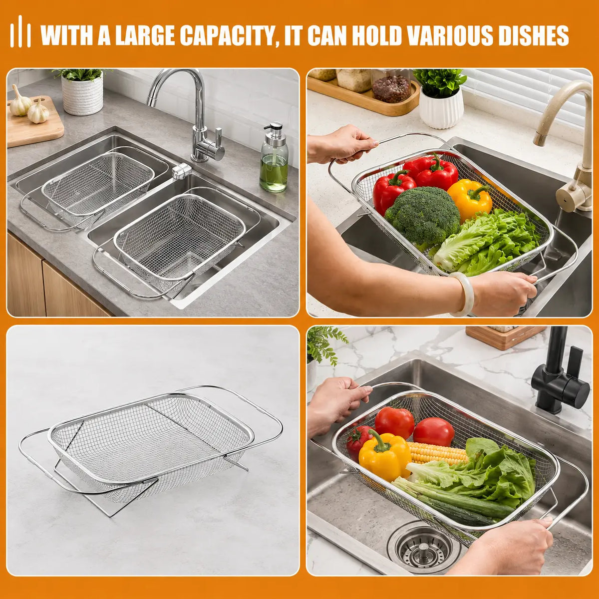 Stainless Steel Expandable Over-the-Sink Colander Strainer Basket with Handles, Rectangular Fine Mesh Kitchen Utensil, Essential Kitchen Supply in Silver