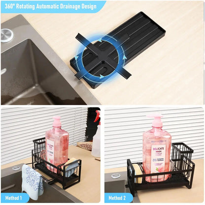 RETON Stainless Steel Kitchen Sink Sponge Holder with Compartment, Self-Drain Storage Organizer, Removable Dishcloth Rack, Soap Dispenser & Brush Holder, Waterproof Home Organizer (Black), Water Proof