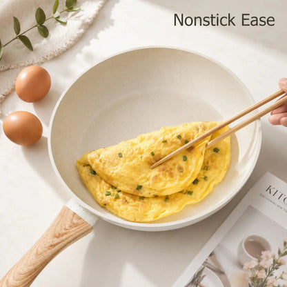 16PCS Nonstick Pots and Pans Set - Kitchen Cookware Set with Frying, Sauce, Saute, Egg Vessels, Wood Handles, Silicone Utensils, Pan Protectors, Oil-Efficient Design