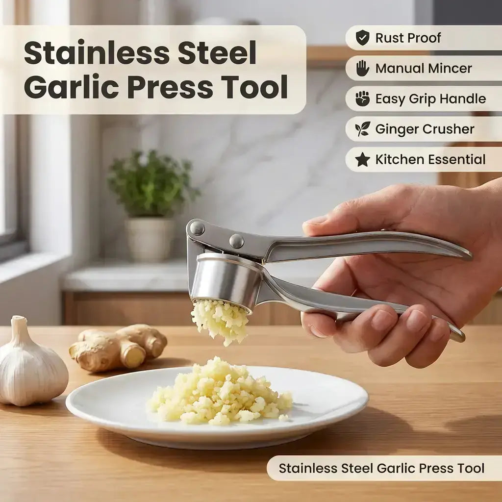 Stainless Steel 5-in-1 Garlic Press Multi-Tool - Versatile Kitchen Utensil with Mincer, Crusher, Bottle Opener, Pit Remover, Ideal for Home Use and Gift Giving