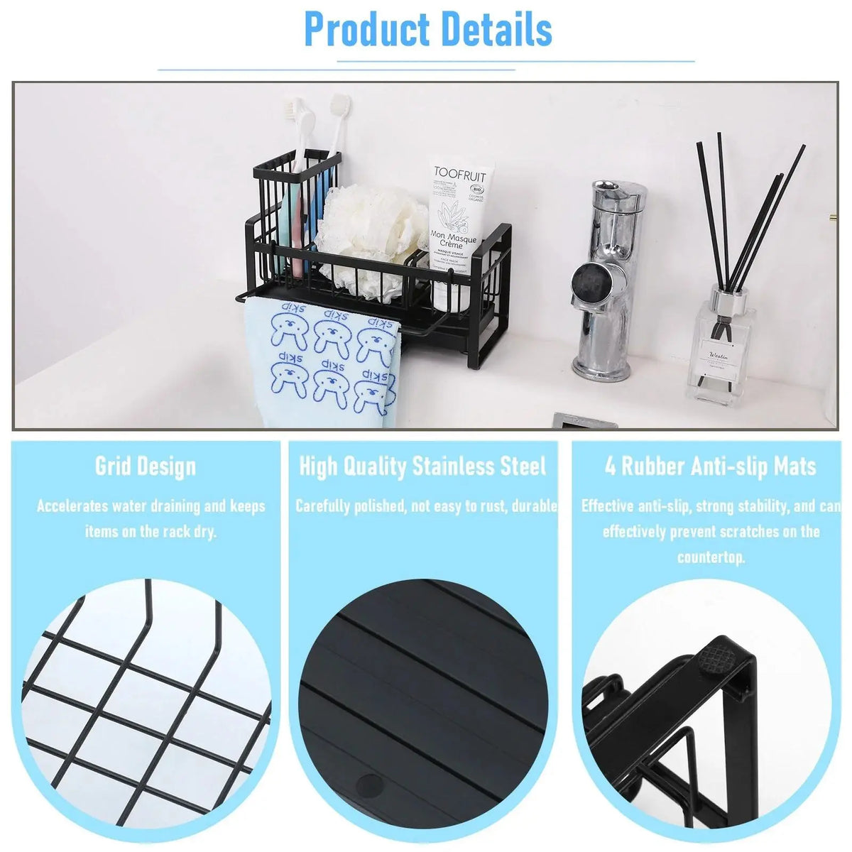 RETON Stainless Steel Kitchen Sink Sponge Holder with Compartment, Self-Drain Storage Organizer, Removable Dishcloth Rack, Soap Dispenser & Brush Holder, Waterproof Home Organizer (Black), Water Proof