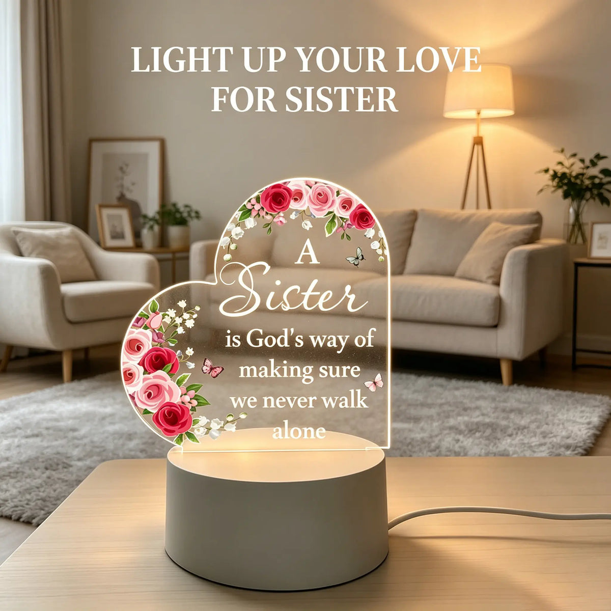 12Cm Heart-Shaped Acrylic LED Nightlight with Floral Rose Butterfly Design, Sister Bond Inspirational Quote Desk Lamp, Decorative Atmosphere Lighting for Warm Bedroom, Valentine'S Day Thoughtful Gift to Light up Your Space