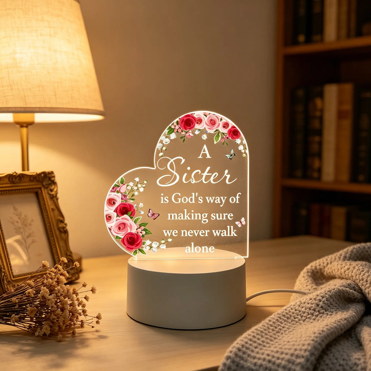 12Cm Heart-Shaped Acrylic LED Nightlight with Floral Rose Butterfly Design, Sister Bond Inspirational Quote Desk Lamp, Decorative Atmosphere Lighting for Warm Bedroom, Valentine'S Day Thoughtful Gift to Light up Your Space