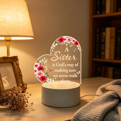 12Cm Heart-Shaped Acrylic LED Nightlight with Floral Rose Butterfly Design, Sister Bond Inspirational Quote Desk Lamp, Decorative Atmosphere Lighting for Warm Bedroom, Valentine'S Day Thoughtful Gift to Light up Your Space