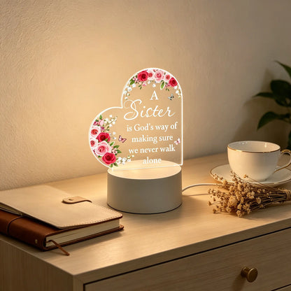 12Cm Heart-Shaped Acrylic LED Nightlight with Floral Rose Butterfly Design, Sister Bond Inspirational Quote Desk Lamp, Decorative Atmosphere Lighting for Warm Bedroom, Valentine'S Day Thoughtful Gift to Light up Your Space