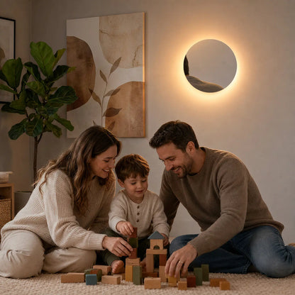Hoodink Contemporary round Indoor LED Wall Lamp - Black Wood Grain, Brushed Gold & Linen Texture Finishes, 3-Level Dimmable Adjustable Ambient, USB Rechargeable Night, Indoor Lighting for Bedroom, Decorative Dimming, Room Decor, Led Lights