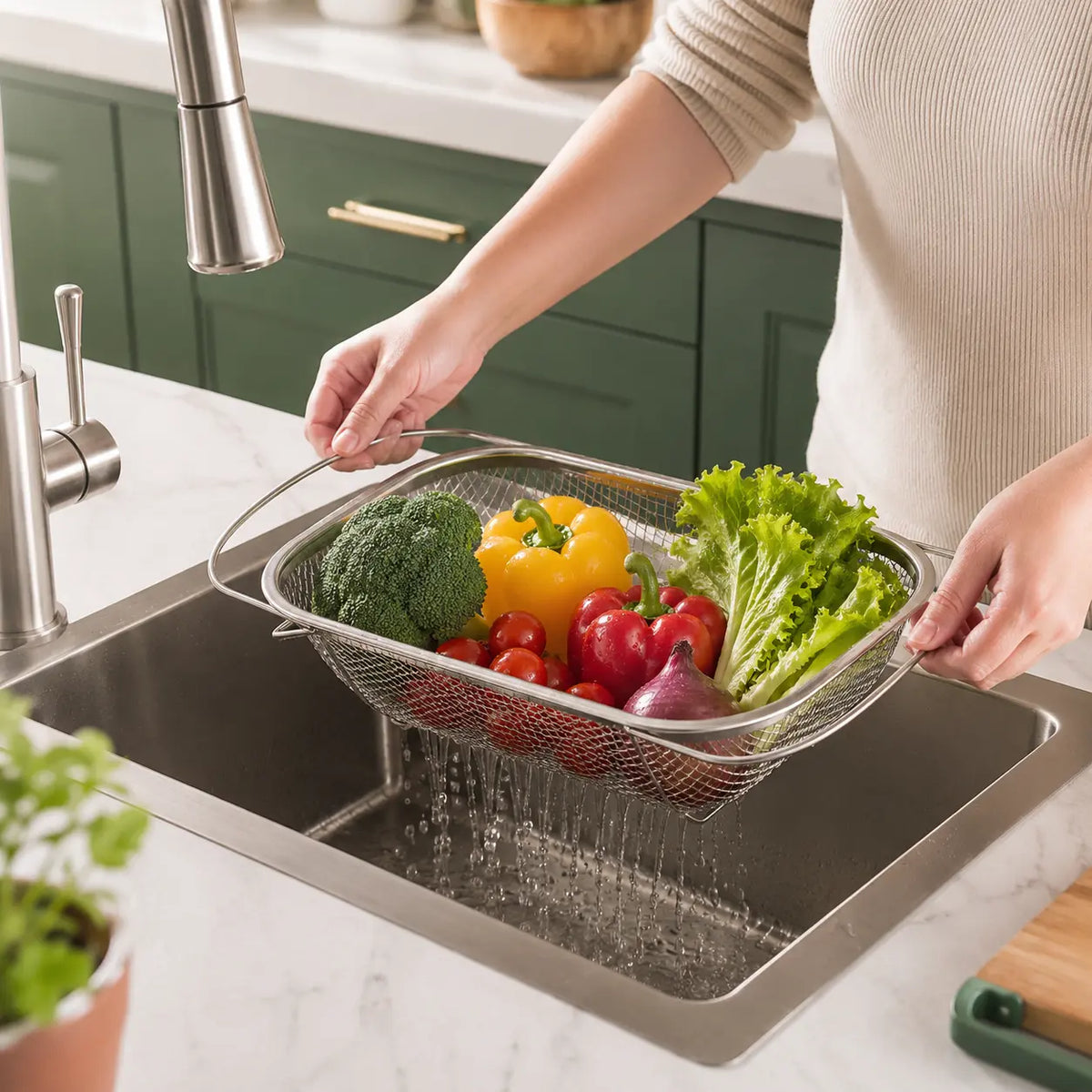 Stainless Steel Expandable Over-the-Sink Colander Strainer Basket with Handles, Rectangular Fine Mesh Kitchen Utensil, Essential Kitchen Supply in Silver