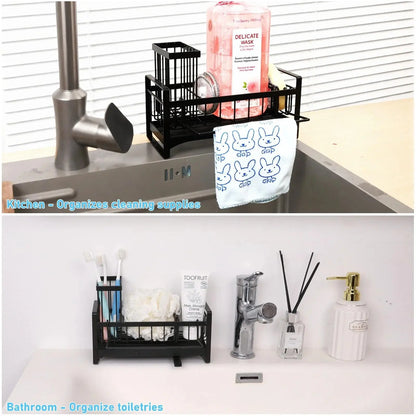 RETON Stainless Steel Kitchen Sink Sponge Holder with Compartment, Self-Drain Storage Organizer, Removable Dishcloth Rack, Soap Dispenser & Brush Holder, Waterproof Home Organizer (Black), Water Proof
