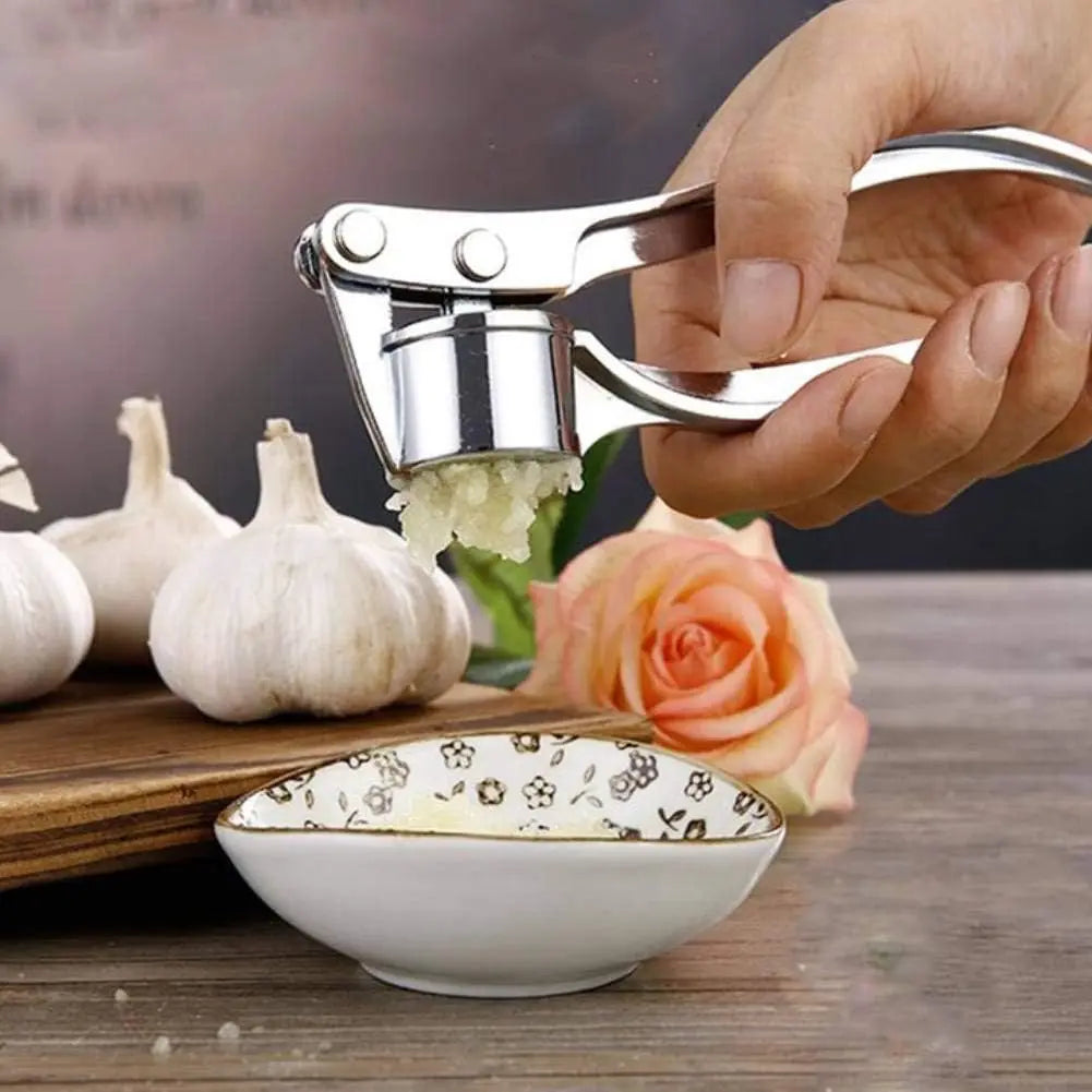 Stainless Steel 5-in-1 Garlic Press Multi-Tool - Versatile Kitchen Utensil with Mincer, Crusher, Bottle Opener, Pit Remover, Ideal for Home Use and Gift Giving