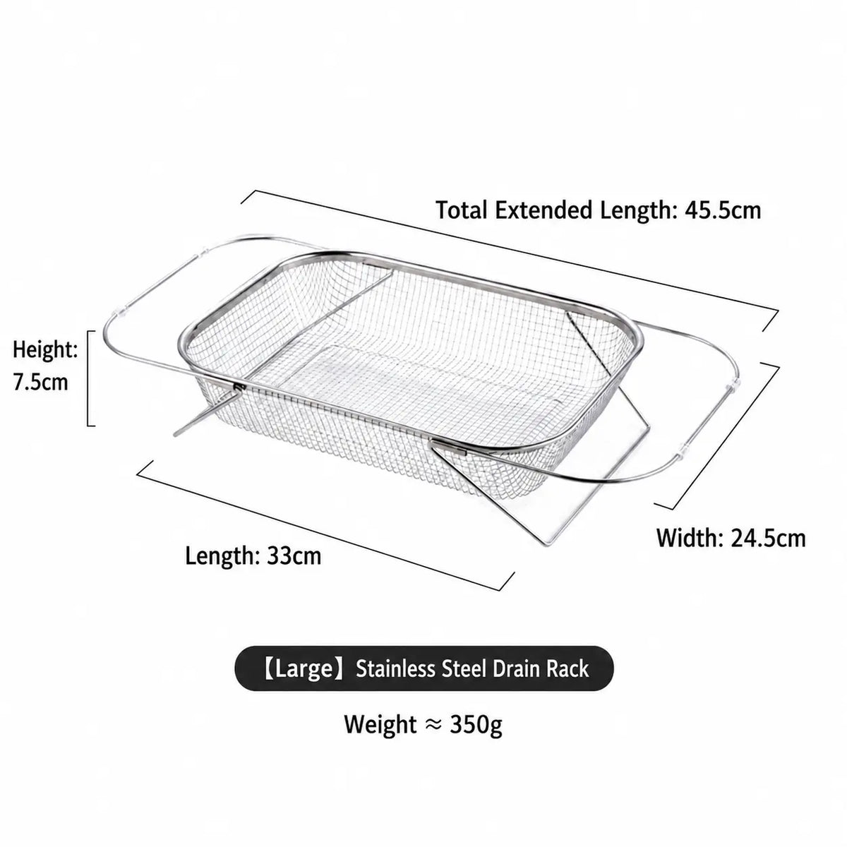 Stainless Steel Expandable Over-the-Sink Colander Strainer Basket with Handles, Rectangular Fine Mesh Kitchen Utensil, Essential Kitchen Supply in Silver