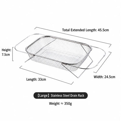 Stainless Steel Expandable Over-the-Sink Colander Strainer Basket with Handles, Rectangular Fine Mesh Kitchen Utensil, Essential Kitchen Supply in Silver