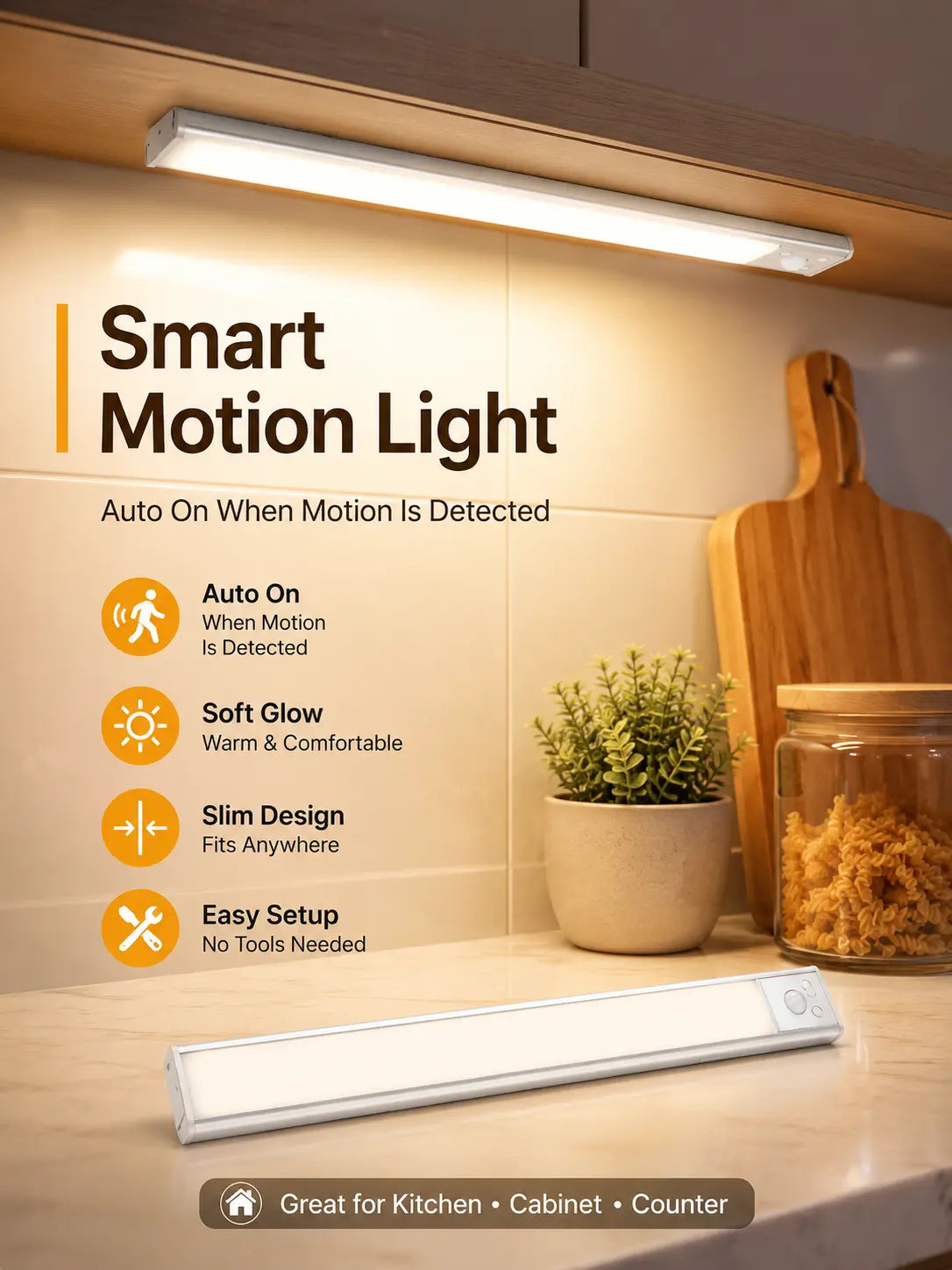 Under Cabinet Lights, 52 LED Cold White Rechargeable under Cabinet Lighting Motion Sensor LED Lights for Kitchen, Counter, Closet, Stairs (12.2 Inches Silver)1 PCS and 2 PCS Available for Selection