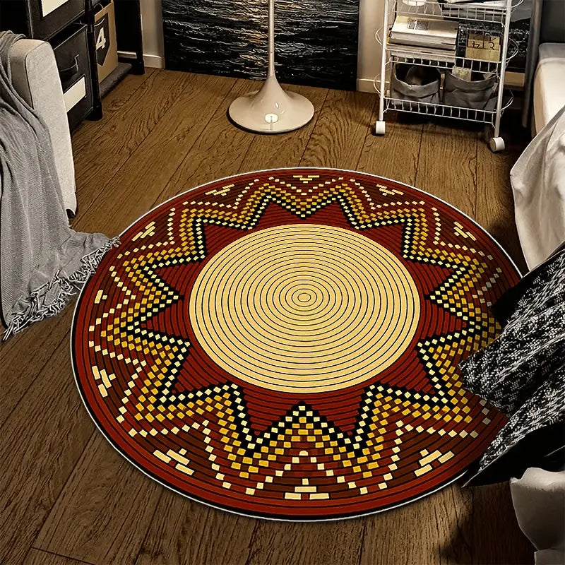 Flannel Floor Mat round Flannel Rug 1PC, African Tribal Style Circular Printed Carpet, Soft 2D Flat Printed Floor Mat, Suitable for Courtyard, Terrace, Corridor, Living Room, Bedroom Bedside, Dining Room, Balcony, Kitchen, Laundry Room, Comfortable Home D