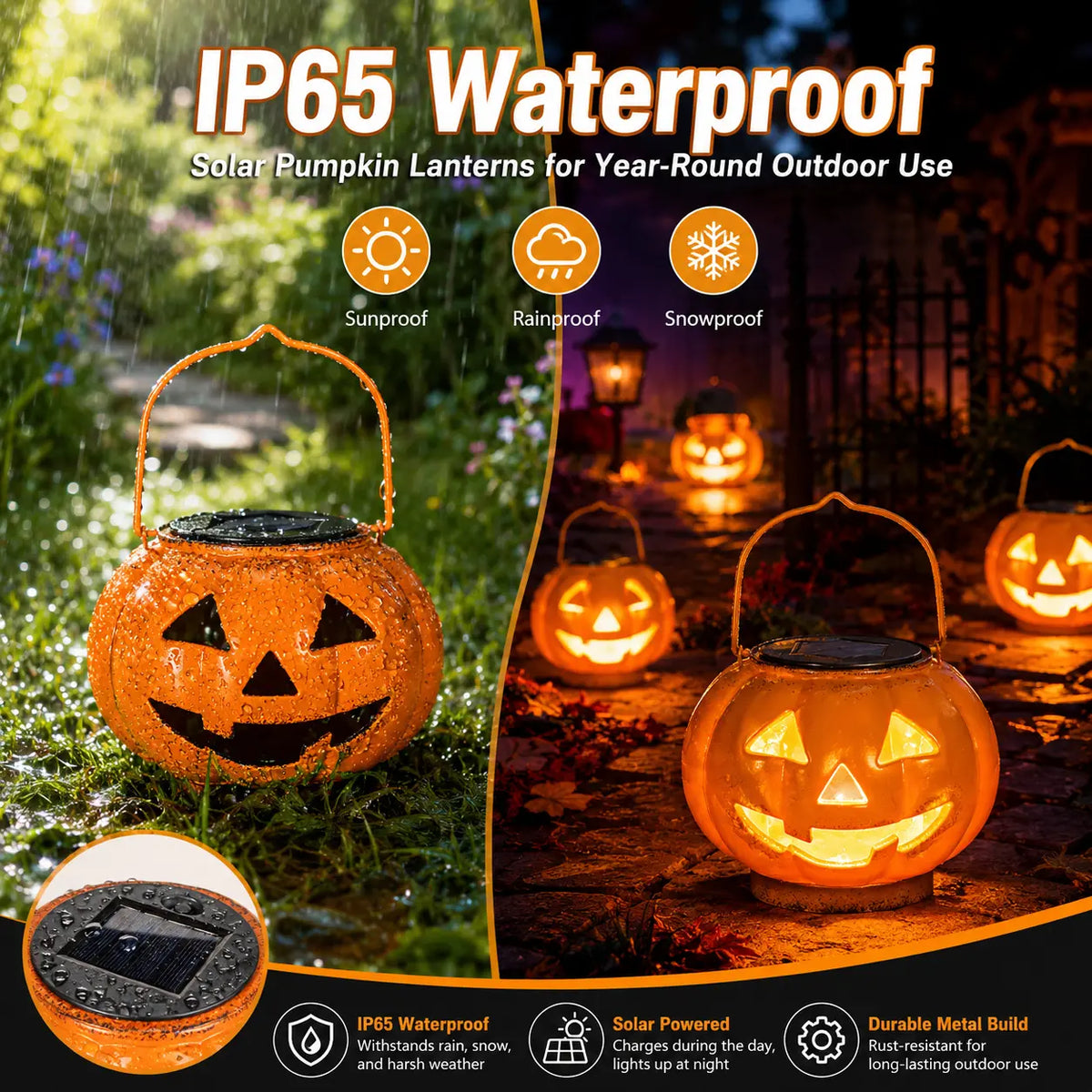 Pathglo Halloween Solar Jack-O-Lantern Hanging Light, Automatic On/Off Waterproof Outdoors Holiday Decor, up Jack-O-Lantern Decorative Lights for Garden Front Door, Pumpkin Hanging Decorative Lights
