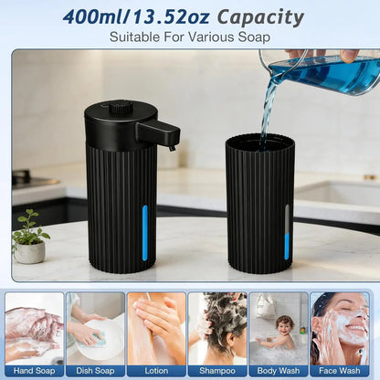 Touchless Automatic Soap Dispenser, Rechargeable 13.5 Oz Liquid Soap Holder with Adjustable Rotary Dosing Control, Water-Resistant for Kitchen Sink & Bathroom Countertop (Black/White), No