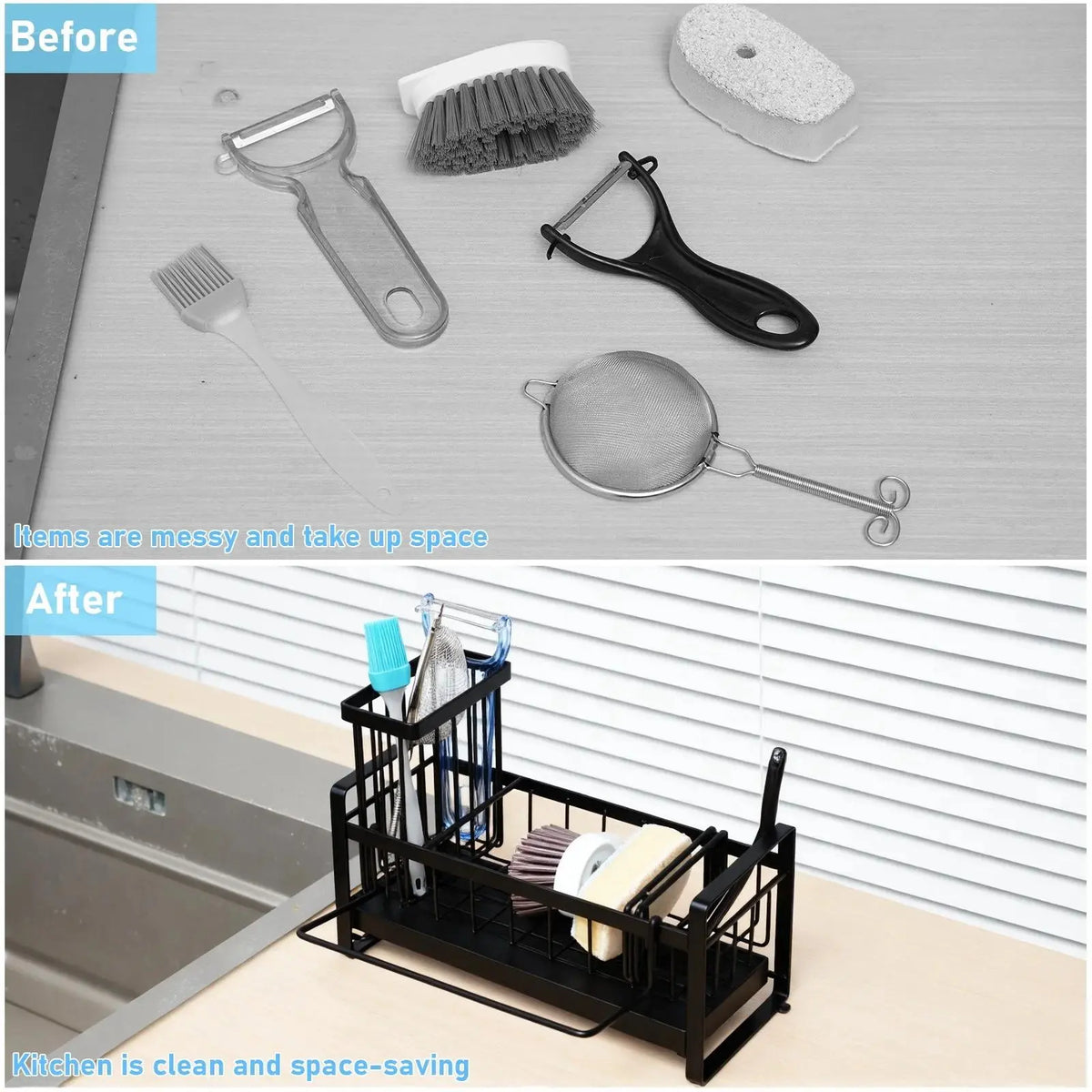 RETON Stainless Steel Kitchen Sink Sponge Holder with Compartment, Self-Drain Storage Organizer, Removable Dishcloth Rack, Soap Dispenser & Brush Holder, Waterproof Home Organizer (Black), Water Proof