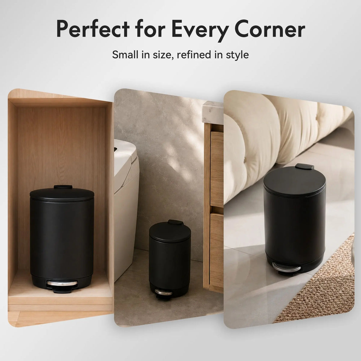 Modern Black Stainless Steel Indoor Bathroom Trash Can - 3L/0.8Gal round Step Bin with Foot Pedal, Removable Inner Bucket for Bedroom