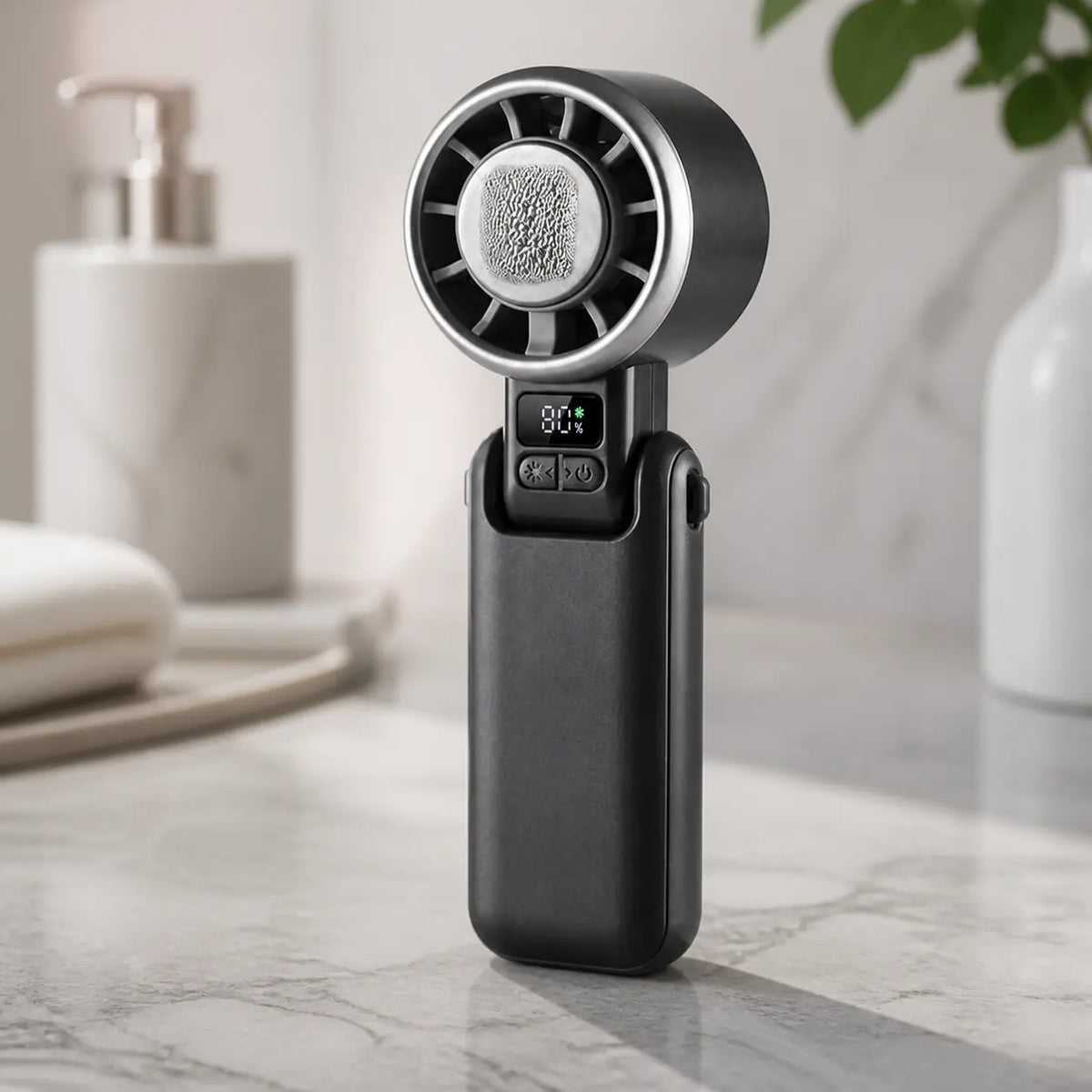 3-In-1 Portable Handheld Fan with Cooling Plate, 5-Speed Rechargeable Turbo Fan with Digital Battery Display, USB-C Charging and Adjustable Foldable Design for Handheld, Desk or Neck Use, Travel, Cruise, Office and Outdoor Activities