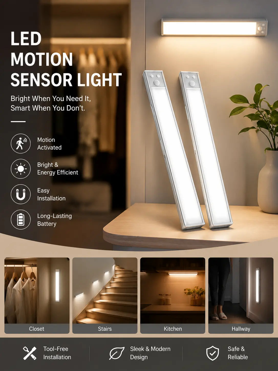 Under Cabinet Lights, 52 LED Cold White Rechargeable under Cabinet Lighting Motion Sensor LED Lights for Kitchen, Counter, Closet, Stairs (12.2 Inches Silver)1 PCS and 2 PCS Available for Selection