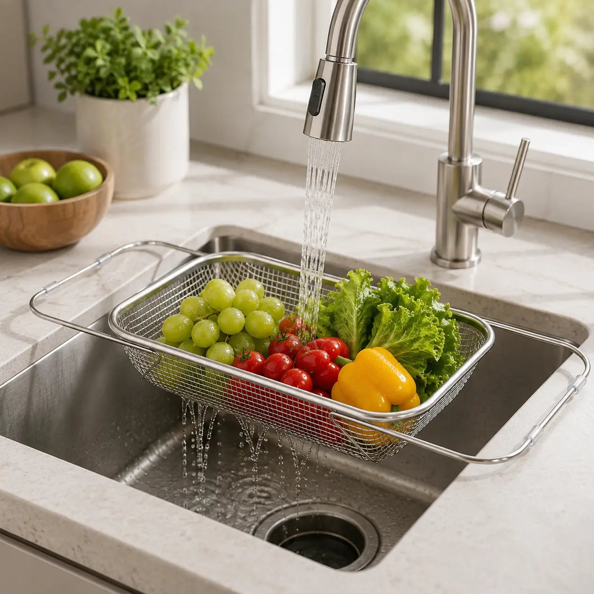 Stainless Steel Expandable Over-the-Sink Colander Strainer Basket with Handles, Rectangular Fine Mesh Kitchen Utensil, Essential Kitchen Supply in Silver