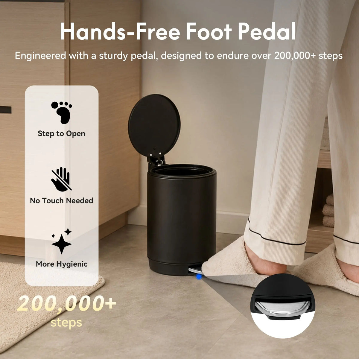 Modern Black Stainless Steel Indoor Bathroom Trash Can - 3L/0.8Gal round Step Bin with Foot Pedal, Removable Inner Bucket for Bedroom